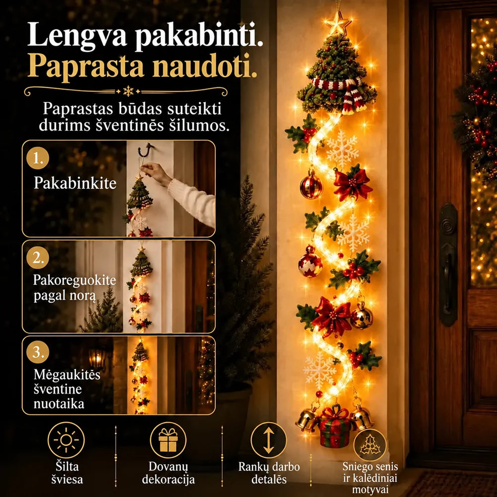 Šviečianti kalėdinė kabinama durų dekoracija