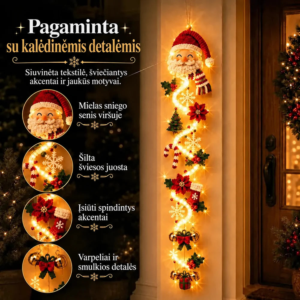 Šviečianti kalėdinė kabinama durų dekoracija