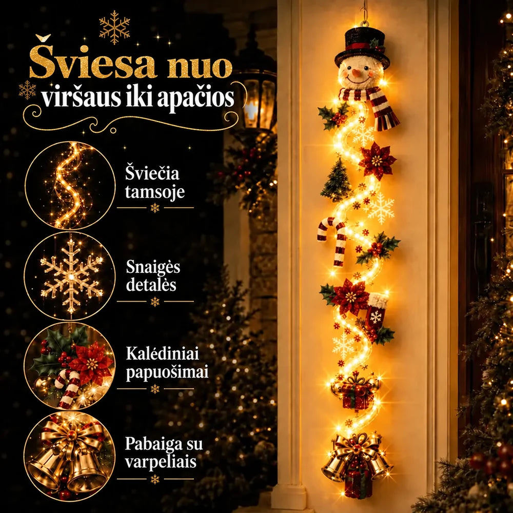 Šviečianti kalėdinė kabinama durų dekoracija