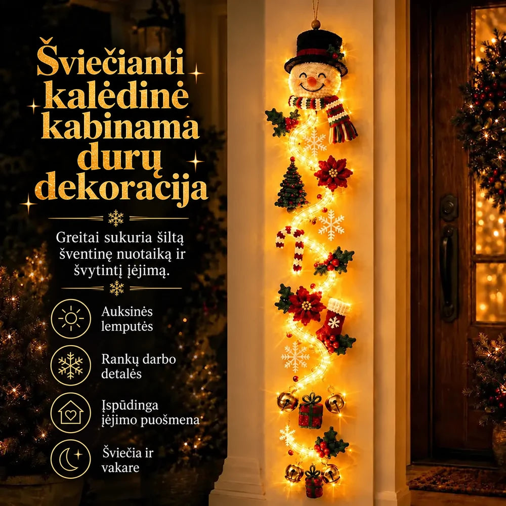 Šviečianti kalėdinė kabinama durų dekoracija