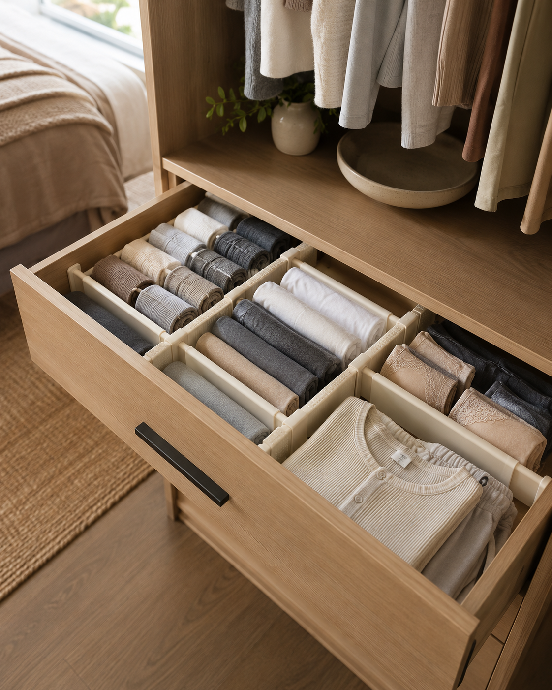 qevrinio Adjustable Drawer Dividers shown in a real home setting