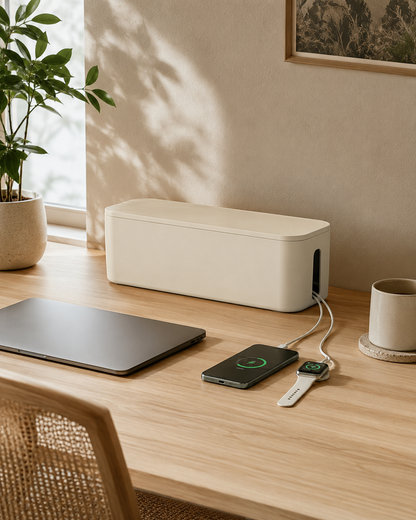 qevrinio Cable Management Box shown in a real home setting