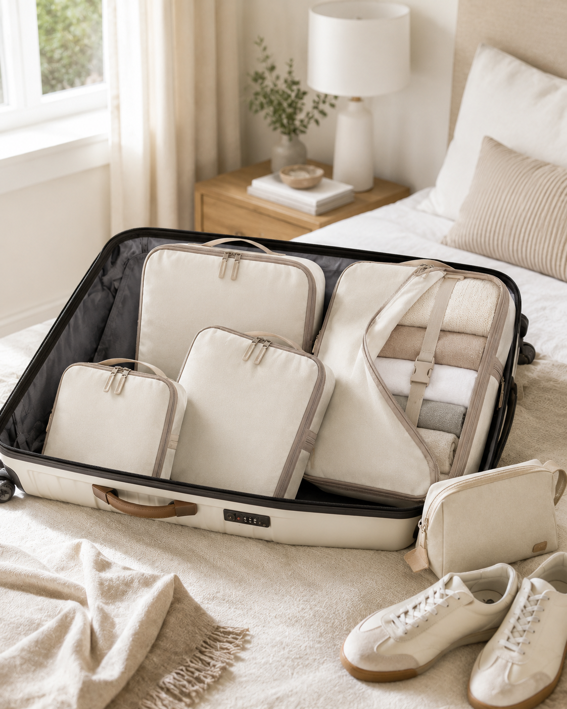 qevrinio Compression Packing Cubes shown in a real home setting