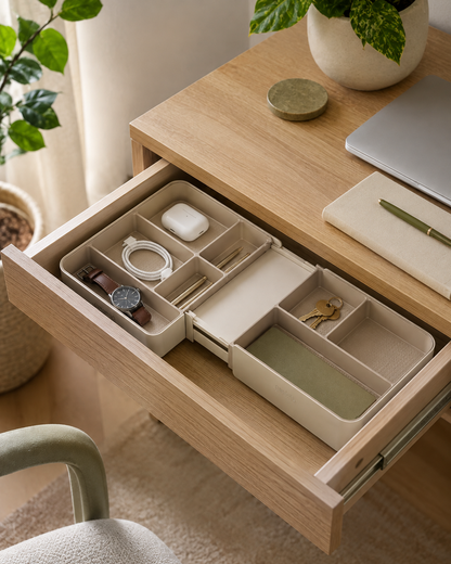 qevrinio Expandable Drawer Organizer shown in a real home setting
