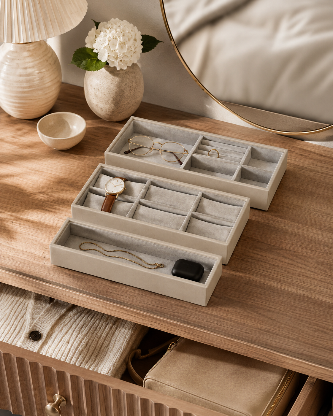 qevrinio Modular Accessory Trays shown in a real home setting