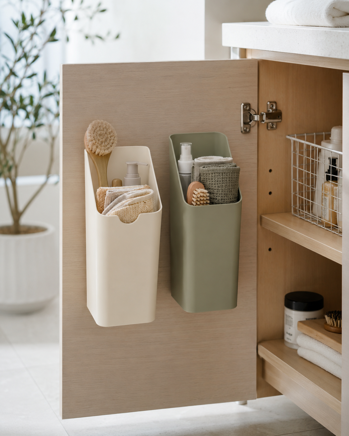 qevrinio Slim Utility Bins shown in a real home setting