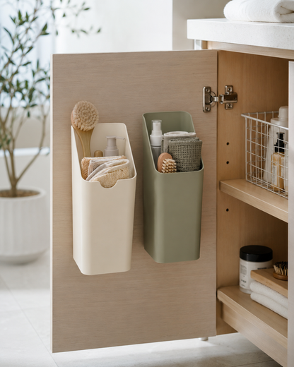 qevrinio Slim Utility Bins shown in a real home setting