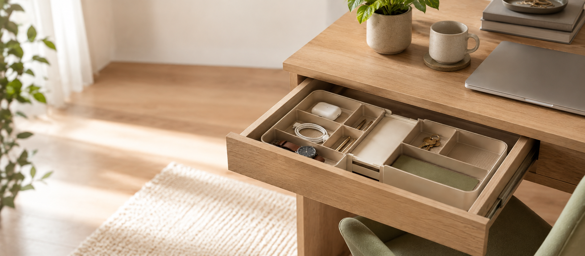 qevrinio drawer organizer in a calm modern home workspace
